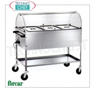 FORCAR - Technochef, Carro caliente al baño maría, 3 Senos GN 1/1, Mod.CT1760C Carro térmico baño maría de acero inoxidable, FORCAR, con cubeta para 3 bandejas Gastro-Norm 1/1, h 200 mm (no incluido), cúpula y estante inferior de plexiglás, termostato regulable +30°/+90°C, V.230 / 1, Kw.2,00, dim.mm.1170x670x1140h