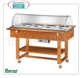 FORCAR - Technochef, Trolley cálido en baño maría, 4 contenedores GN 1/1, Mod. ELC2832 Vitrina caliente en baño maría en color NEGRO, marca FORCAR, completa con cúpula de plexiglás, 2 estantes de soporte y estante inferior, capacidad 4 GN 1/1 (excluido), temperatura + 30 ° / + 90 ° C, V.230 / 1, Kw.2.00, dim.mm.1480x1120x1250h