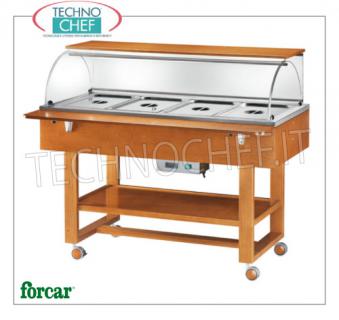 FORCAR - Technochef, Trolley cálido en baño maría, 4 contenedores GN 1/1, Mod. ELC2834 Vitrina caliente en baño maría en color NEGRO, marca FORCAR, completa con cúpula de plexiglás, 2 estantes de soporte y estante inferior, capacidad 4 GN 1/1 (excluido), temperatura + 30 ° / + 90 ° C, V.230 / 1, Kw.2.00, dim.mm.1480x900x1260h