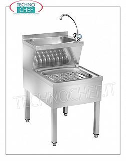 LAVABO profesional-industrial de ACERO INOXIDABLE con TANQUE SUPERIOR y TANQUE INFERIOR para trapos, Lavamanos de acero inoxidable con lavabo semicircular, con fregadero para STRACCI debajo completo con grifo monomando para los 2 tanques, dimensiones 700x500x890h mm