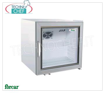 Forcar - Frigorífico Expositor para Bebidas, 1 Puerta, Capacidad 72 Botellas, Estático, Temp.+2°+8°C, Clase B, Mod.G-SC50G Mueble Frigorífico Profesional para Bebidas, Línea Snack, 1 puerta de cristal, estructura exterior en chapa blanca, Estático, Temp.+2°/+8°C, Capacidad 72 botellas, Gas R600a, Clase B, V.230/1, Kw .0,085, Peso 40 Kg, dim.mm.570x533x530h