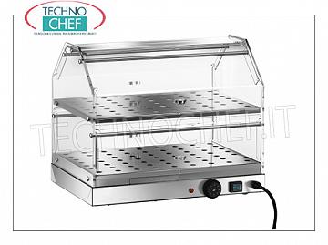 Vitrinas de contador caliente PANTALLA HOT DISPLAY banco, con 2 PLANOS, estructura de acero inoxidable, lados y puertas para caer en los 2 frentes en plexiglás transparente, completo con humidificador, temperatura de + 30 ° a + 90 ° C, V.230 / 1, Kw. 0.25, dim.mm.500x350x400h