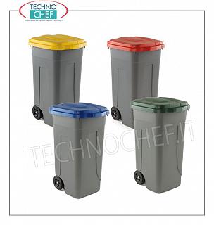 Contenedores de basura para recolección separada Contenedores de basura de polietileno sobre 2 ruedas, con tapas COLOREADAS de accionamiento manual, capacidad lt.100, dim.mm.540x490x850h.