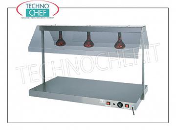 Plan caliente con lámparas de calefacción por infrarrojos SUPERFICIE DE ACERO INOXIDABLE CON LÁMPARAS INFRARROJOS Y DEFLECTORES LATERALES en policarbonato, GAMA COMPLETA de 3 modelos, de 1 a 3 bandejas Gastro-Norm 1/1 (530x325 mm), termostato ajustable de + 30 ° a +90 ° C, V 0.230 / 1