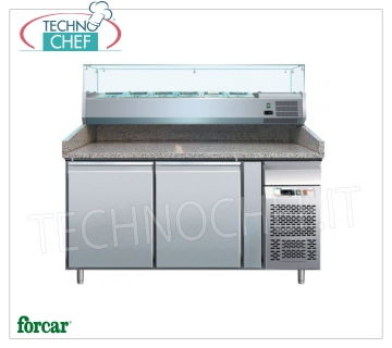 Mostrador para Pizza Refrigerado 2 PUERTAS, Tapa de GRANITO y Vitrina de Ingredientes 1/3 o 1/4 gn, CLASE B Mostrador para pizzas refrigerado FORCAR 2 PUERTAS, con vitrina refrigerada de 330 mm de fondo, capacidad 7 recipientes GN 1/4 (265x162 mm), temperatura de funcionamiento -2/+8°C, V.230/1, Ventilado, ECOLÓGICO en Clase B, Gas R290, Kw.0,26, dim.mm.1510x800x1390h