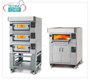 Horno eléctrico modular para pizzas, línea CL CLASSIC, cámara para 6 pizzas de 60x90 cm íntegramente en material refractario Horno de pizza eléctrico MODULAR, para 6 pizzas diam. 300 mm, versión con FRONTAL DE ACERO INOXIDABLE, CÁMARA COMPLETAMENTE en REFRACTARIO mm 600x900x170h, V.400/3, Kw.7,2, Peso 175 Kg, dimensiones exteriores mm 1000x1260x400h