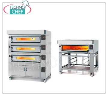 Horno eléctrico modular para pizzas, línea EURO CLASSIC, cámara para 8 pizzas de 123x63 cm íntegramente en material refractario Horno de pizza eléctrico MODULAR, para 8 pizzas diam. 300 mm, versión con FRONTAL DE ACERO INOXIDABLE, CÁMARA COMPLETAMENTE en REFRACTARIO mm 1230x630x170h, V.400/3, Kw.8,5, Peso 200 Kg, dimensiones exteriores mm 1620x960x400h