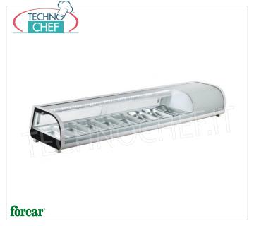 Vitrina refrigerada para sushi, capacidad 8 GN 1/3 cuencos, marca FORCAR MOSTRADOR DE EXPOSITOR REFRIGERADO para SUSHI, marca FORCAR, capacidad 8 contenedores GN 1/3, temperatura de funcionamiento 0 ° / + 12 ° C, V.230 / 1, Kw.0.19, dim.mm.1800x420x265h