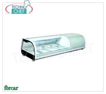 Vitrina refrigerada para sushi, capacidad 4 cuencas GN 1/3, marca FORCAR EXPOSITOR REFRIGERADO EXPOSITOR para SUSHI, marca FORCAR, capacidad 4 GN 1/3 cuencos, temperatura de funcionamiento 0 ° / + 12 ° C, V.230 / 1, Kw.0.19, dim.mm.1177x420x265h