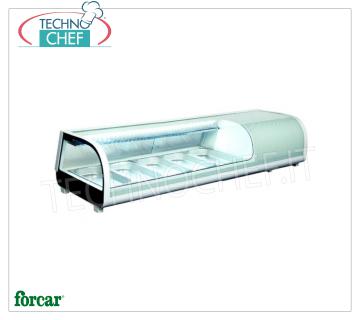 Vitrina refrigerada para sushi, capacidad 5 cuencas GN 1/3, marca FORCAR EXPOSITOR REFRIGERADO EXPOSITOR para SUSHI, marca FORCAR, capacidad 5 GN 1/3 cuencos, temperatura de funcionamiento 0 ° / + 12 ° C, V.230 / 1, Kw.0.19, dim.mm.1352x420x265h