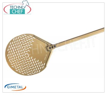 Pala para pizza redonda de aluminio perforado, Gold Line, longitud del mango 150 cm Pala para pizza redonda de aluminio perforado, Línea Oro, ligera, lisa y resistente, diámetro 330 mm.