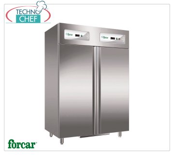 Forcar - Mueble Frigorífico-Congelador INOX 304, 2 Puertas, 2 Temperaturas, mod.G-GN1200DT Armario frigorífico/congelador profesional de 2 puertas, doble temperatura -2°/+8°C, -18°/-22°C, 552+552 litros, con ventilador y transportador de aire interno, gas R290, Gastronorm 2/ 1, Kw.0,260+0,510, Peso 195 Kg, dim.mm.1340x830x2010h