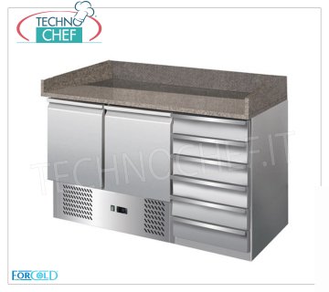 Mostrador para pizza refrigerado GN, 2 puertas, 6 cajones, tablero de granito con soporte, clase E MOSTRADOR PARA PIZZA REFRIGERADO 2 Puertas + Cómoda 6 cajones, Tapa de granito con soporte en 3 lados, Temp. Ventilado + 2 ° / + 8 ° C, ECOLÓGICO en Clase E, Gas R600a, V.230 / 1, Kw.0,235, Peso 198 Kg, dim.mm.1420x700x1020h