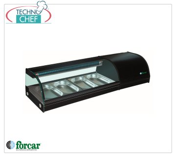 Forcar - Vitrina refrigerada para Sushi, capacidad 4 recipientes GN 1/3 h 40 mm, mod.G-SSS1200 Vitrina refrigerada para Sushi, capacidad 4 contenedores GN 1/3, Clase B, temperatura +0°/+6°C, V.230/1, Kw.0,16, dim.mm.1200x415x300h