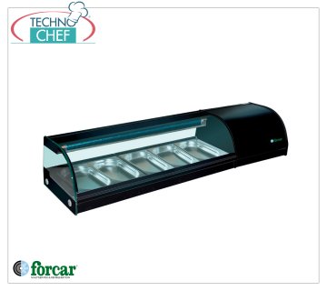 Forcar - Vitrina refrigerada para Sushi, capacidad 5 recipientes GN 1/3 h 40 mm, mod.G-SSS1500 Vitrina refrigerada para Sushi, capacidad 5 contenedores GN 1/3, Clase B, temperatura +0°/+6°C, V.230/1, Kw.0,16, dim.mm.1500x415x300h