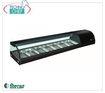 Forcar - Vitrina refrigerada para Sushi, capacidad 7 recipientes GN 1/3 h 40 mm, mod.G-SSS1800 Vitrina refrigerada para Sushi, capacidad 7 contenedores GN 1/3, Clase B, temperatura +0°/+6°C, V.230/1, Kw.0,23, dim.mm.1800x415x300h