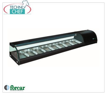 Forcar - Vitrina refrigerada para Sushi, capacidad 8 recipientes GN 1/3 h 40 mm, mod.G-SSS2000 Vitrina refrigerada para Sushi, capacidad 8 contenedores GN 1/3, Clase C, temperatura +0°/+6°C, V.230/1, Kw.0,23, dim.mm.2000x415x300h