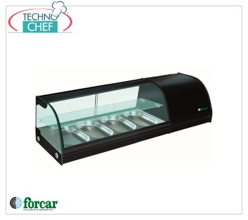 Forcar - Vitrina refrigerada para Sushi, 2 estantes, capacidad 4 recipientes GN 1/3 h 40 mm, mod.G-TS1200 Vitrina refrigerada para Sushi, 2 estantes, capacidad 4 recipientes GN 1/3, Clase B, temperatura +4°/+8°C, V.230/1, Kw.0,16, dim.mm.1200x415x300h