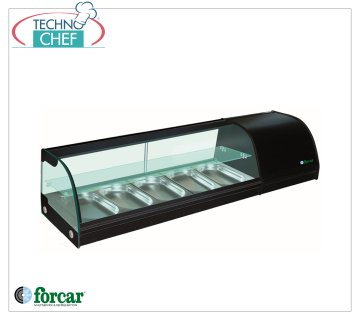 Forcar - Vitrina refrigerada para Sushi, 2 estantes, capacidad 5 recipientes GN 1/3 h 40 mm, mod.G-TS1500 Vitrina refrigerada para Sushi, 2 estantes, capacidad 5 recipientes GN 1/3, Clase B, temperatura +4°/+8°C, V.230/1, Kw.0,16, dim.mm.1500x415x330h