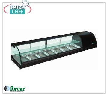 Forcar - Vitrina refrigerada para Sushi, 2 estantes, capacidad 7 recipientes GN 1/3 h 40 mm, mod.G-TS1800 Vitrina refrigerada para Sushi, 2 estantes, capacidad 7 recipientes GN 1/3, Clase B, temperatura +4°/+8°C, V.230/1, Kw.0,23, dim.mm.1800x415x300h