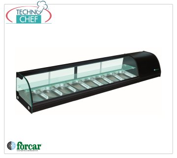 Forcar - Vitrina refrigerada para Sushi, 2 estantes, capacidad 8 recipientes GN 1/3 h 40 mm, mod.G-TS2000 Vitrina refrigerada para Sushi, 2 estantes, capacidad 8 recipientes GN 1/3, Clase C, temperatura +4°/+8°C, V.230/1, Kw.0,23, dim.mm.2000x415x300h