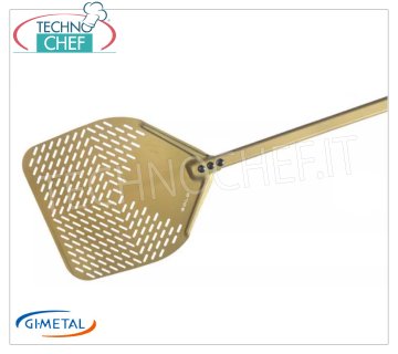 Pala para pizza rectangular de aluminio perforado, Gold Line, longitud del mango 150 cm Pala para pizza rectangular de aluminio perforado, Gold Line, ligera, lisa y resistente, dim.mm 330x330.