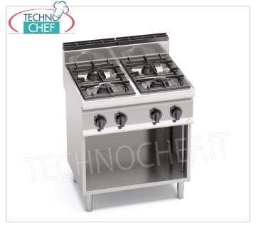 TECHNOCHEF - COCINA A GAS 4 FUEGOS sobre MUEBLE ABIERTO, Kw.28,00, Mod.G7F4MP COCINA A GAS 4 FUEGOS sobre ARMARIO ABIERTO, BERTO'S, Línea MACROS 700, Serie MAX POWER, potencia térmica Kw.28,00, Peso 65 Kg, dim.mm.800x700x900h