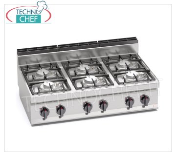 TECHNOCHEF - COCINA A GAS 6 FUEGOS TOP, Kw.33,5, Mod.G7F6BPW COCINA SUPERIOR A GAS 6 FUEGOS, BERTO'S, Línea MACROS 700, Serie ECO POWER, potencia térmica Kw.33,5, Peso 49 Kg, dim.mm.1200x700x290h