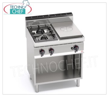 TECHNOCHEF - COCINA COMBINADA con ENCIMERA y 2 QUEMADORES sobre MUEBLE ABIERTO, Kw.17,5, Mod.G7T4P2FM COCINA COMBINADA con PLACA DE GAS y 2 QUEMADORES sobre MUEBLE ABIERTO, BERTOS, Línea MACROS 700, Serie HIGH POWER, potencia térmica 17,5 kW, peso 85 Kg, dim.mm.800x700x900h