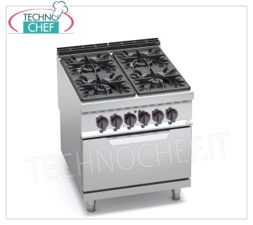 TECHNOCHEF - COCINA A GAS 4 FUEGOS sobre HORNO ELÉCTRICO GN 2/1, mod. G9F4+FE COCINA A GAS 4 FUEGOS sobre HORNO ELÉCTRICO GN 2/1, Línea BERTOS MAXIMA 900, Serie ALTA POTENCIA, potencia térmica Kw 34,5 + Kw 7,5, Peso 158 Kg, dim.mm.800x900x900h