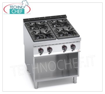 TECHNOCHEF - COCINA A GAS 4 FUEGOS sobre MUEBLE ABIERTO, mod. G9F4M COCINA A GAS 4 FUEGOS sobre ARMARIO ABIERTO, Línea BERTOS MAXIMA 900, Serie ALTA POTENCIA, potencia térmica Kw.34,5, Peso 104 Kg, dim.mm.800x900x900h