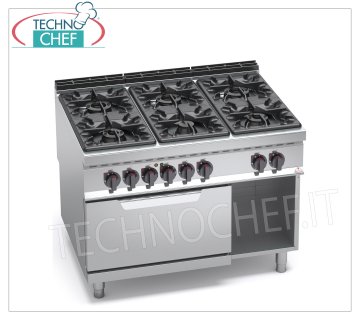 TECHNOCHEF - COCINA GAS 6 FUEGOS sobre HORNO ELÉCTRICO GN 2/1, Kw.53,5+7,5, mod. G9F6+FE COCINA A GAS 6 FUEGOS sobre HORNO ELÉCTRICO GN 2/1, Línea BERTOS MAXIMA 900, Serie ALTA POTENCIA, potencia térmica Kw 53,5 + Kw 7,5, Peso 210 Kg, dim.mm.1200x900x900h