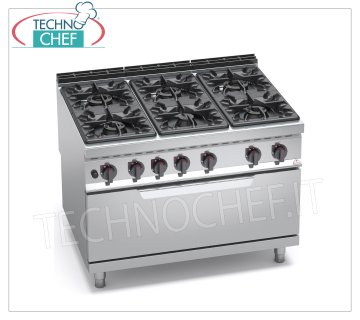 TECHNOCHEF - COCINA A GAS 6 FUEGOS sobre HORNO A GAS, mod. G9F6+T COCINA A GAS 6 FUEGOS sobre HORNO A GAS, Línea BERTOS MAXIMA 900, Serie ALTA POTENCIA, tot. Kw.65,5, Peso 226 Kg, dim.mm.1200x900x900h