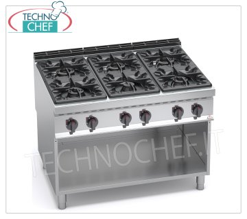 TECHNOCHEF - COCINA DE GAS 6 FUEGOS sobre MUEBLE ABIERTO, mod. G9F6M ESTUFA A GAS 6 QUEMADORES sobre ARMARIO ABIERTO, línea BERTOS MAXIMA 900, Serie HIGH POWER, Potencia térmica Kw.53,5, Peso 140 Kg, dim.mm.1200x900x900h