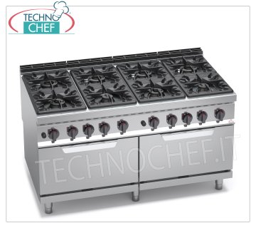 TECHNOCHEF - COCINA GAS 8 FUEGOS sobre 2 HORNOS GN 2/1 GAS, mod. G9F8+2FG COCINA A GAS 8 FUEGOS sobre 2 HORNOS A GAS GN 2/1, Línea BERTOS MAXIMA 900, Serie ALTA POTENCIA, tot. Kw.84,6, Peso 260 Kg, dim.mm.1600x900x900h