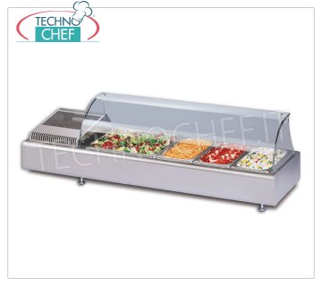 Technochef - GABINETE DE PANTALLA REFRIGERADO CON CRISTAL CURVADO, temp. + 2 ° / + 10 ° C Vitrina refrigerada para mostrador con vidrio curvado, capacidad de los contenedores: todos los formatos GN - H max 100 mm, temperatura + 2 ° / + 10 ° C, refrigeración estática, V.230 / 1, Kw.0.13, Peso 40 Kg , dim.mm.1023x380x361h