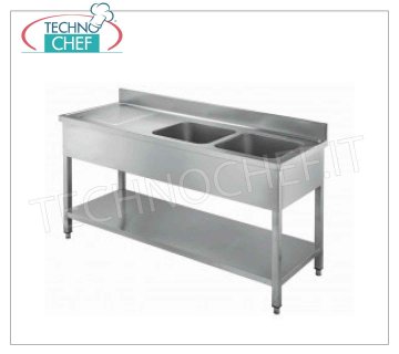 Fregadero profesional de acero inoxidable, 2 senos con escurridor izquierdo, Línea 600 Fregadero de 2 senos con escurridor izquierdo y balda inferior, dimensiones 1600x600x850h mm