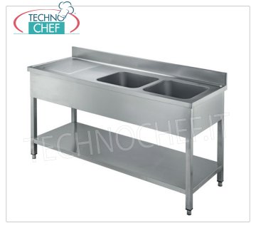Fregadero profesional de acero inoxidable de 2 senos con escurridor a la izquierda, Linea 700
