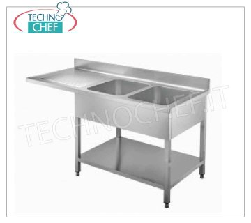 Fregadero profesional de acero inoxidable 2 senos con escurridor voladizo izquierdo, Línea 700 Fregadero 2 cubetas (mm 400x500x300h) con 1 COLECTOR COLGANTE A LA IZQUIERDA para inserción lavavajillas, versión sobre patas con repisa, dimensiones 1600x700x850h mm