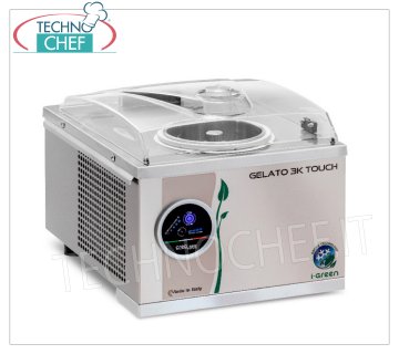 Congelador de lotes profesional de acero inoxidable, Superautomático, Serie Touch i-Green, Capacidad 4,8 l, mod.GELATO3KTOUCH Batidora profesional de sobremesa para helados y sorbetes, refrigeración por aire, cuerpo y cuchillas en acero inoxidable, PRODUCCIÓN 4,80 litros/h, duración ciclo 12-15 min, V.230/1, kw 0,28, Peso 21,6 Kg, dimensiones mm 340x430x283h