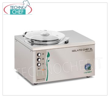 Congelador semiprofesional de acero inoxidable, serie Chef I-Green, capacidad de 3 litros, mod.GELATOCHEF3LAUTOMATIC Batidora semiprofesional de sobremesa para helados y sorbetes, refrigeración por aire, cuerpo y aspas en acero inoxidable, producción 3,0 litros/h, duración ciclo 20-25 min, V.230/1, kw 0,16, peso 15,6 Kg, dimensiones mm 400x345x310h