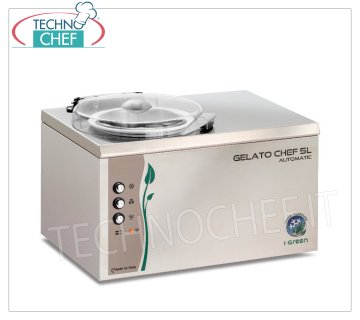 Congelador semiprofesional de acero inoxidable, serie Chef I-Green, Capacidad 4,5 litros, mod.GELATOCHEF5LAUTOMATIC Batidora semiprofesional de sobremesa para helados y sorbetes, refrigeración por aire, cuerpo y aspas en acero inoxidable, producción 4,5 litros/h, duración ciclo 20-25 min, V.230/1, kw 0,25, peso 22 kg, dimensiones mm 450x345x330h