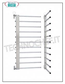 Bandeja pizzera-pastelero abatible de pared con pinzas, Portabandejas de pared de acero inoxidable, capacidad 11 bandejas también de dimensiones no estándar, Paso neto entre Bandeja y Bandeja: 80 mm, con bisagras para girarlo a lo largo de la pared en descarga, dim. milímetro 490x410x830h