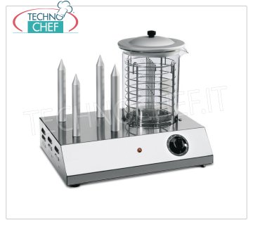 TECHNOCHEF - Máquina para perros calientes con 4 punzones y cilindro de calentamiento Würstel, Mod.HOTDOGY09 / 4 Hot Dog Machine con 4 PUNZONES Calentadores y calentador de vapor de cilindro Würstel, capacidad 30 salchichas, Potencia ajustable con simostato, V.230 / 1, Kw.0,6, Peso 9.5 Kg, dim.mm.450x320x365h