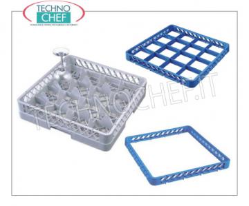 CESTA Modular para VASOS con 16 Compartimentos CESTA modular para VASOS con 16 compartimentos, apta para LAVADO y ALMACENAMIENTO de vasos de diámetro máximo 112 mm, se puede complementar con RIALZI, dimensiones 500x500x103h mm