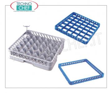 CESTA MODULAR PARA VIDRIOS con 36 compartimentos CESTA MODULAR PARA VIDRIOS con 36 compartimentos, adecuados para LAVADO y ALMACENAMIENTO de vasos con un diámetro máximo de 72.5 mm, puede equiparse con RIALZI, dimensiones mm 500x500x103h