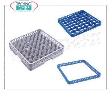 CESTA MODULAR PARA VIDRIOS con 49 compartimentos CESTA MODULAR PARA VIDRIOS con 49 compartimentos, aptos para LAVADO y ALMACENAMIENTO de vasos con un diámetro máximo de 62 mm, puede equiparse con RIALZI, dimensiones mm 500x500x103h