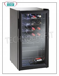 Frigorífico para vinos, lt.88, temp. + 2 ° / + 10 ° C FRIGOR PARA VINOS de lt.88, refrigeración estática, temperatura ajustable de + 2 ° a + 10 ° C, capacidad de 28 botellas, iluminación de techo LED de bajo consumo, V.230 / 1, Kw.0.085, dim.mm.430x480x825h