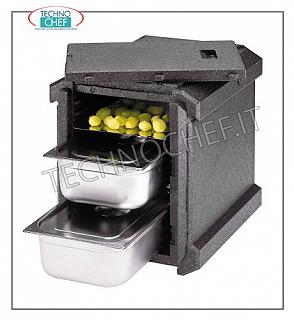 Contenedores isotérmicos para contenedores Gastronorm Contenedor isotérmico en polipropileno, apertura frontal con 12 guías para insertar gastro-norma 1/1 (mm 325x530), tenue. mm interno 535x330x470h, dim. externo 630x500x585h mm