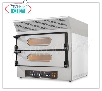 HORNO eléctrico para 2+2 Pizzas, 2 cámaras de 61x52 cm, con CAMPANA extractora de CARBONO ACTIVADO HORNO Eléctrico para 2+2 Pizzas, 2 CÁMARAS mm 610x520x110h con ENCIMERA DE PIEDRA REFRACTARIA, Línea KUBE EVO, con CAMPANA DE CARBÓN ACTIVADO, V.230/400, Kw.4,85, Peso 79 Kg, dim.mm 740x600/740x740h